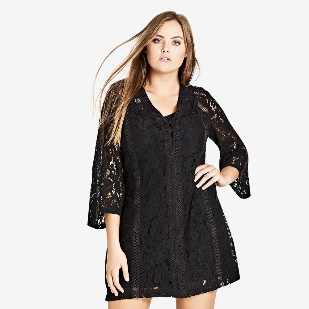 City Chic Innocent Lace Black Dress Bell Sleeves